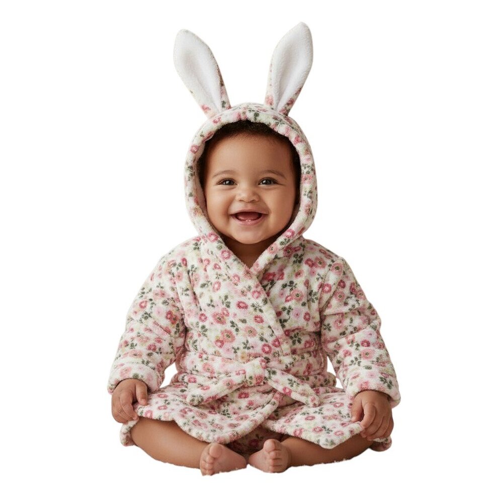 Modern Baby Bathrobe Infant 0-9 Months Pink Floral Plush Hooded Robe NWT
